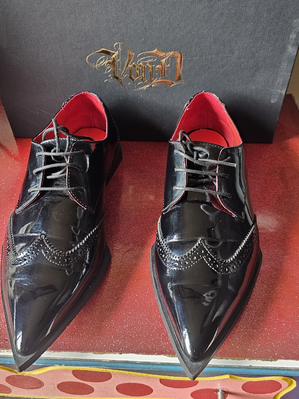 Kat Von D Black Patent Wingtip Loafers with Red Lining